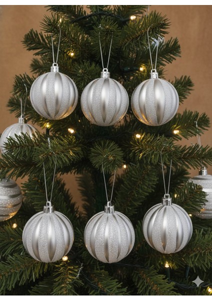 Gümüş/gri Çizgi Desenli Yılbaşı Ağacı Top Süs 6'lı fiyatları