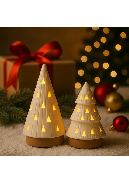 Yılbaşı Dekoratif Işıklı 2'li Çam Ağacı Seti Noel Masaüstü Ev Süsü Yeni Yıl Hediyesi