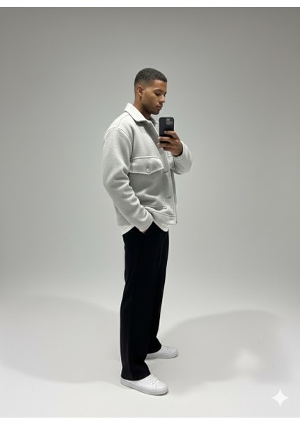 Erkek Oversize Kaşe Ceket--Siyah**gri Torba Cep ve Yan Cep Detaylı Spor Ceket