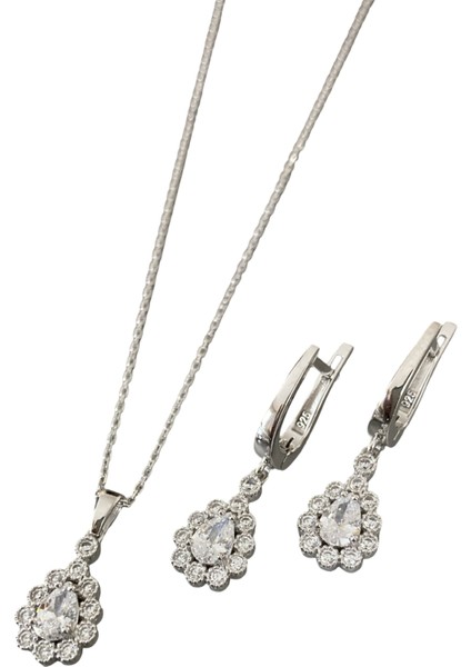 Zirkon Taşlı Gümüş Damla Kolye Küpe Seti