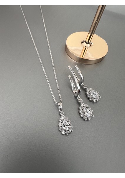 Zirkon Taşlı Gümüş Damla Kolye Küpe Seti modelleri