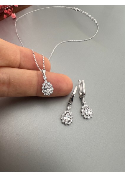 Zirkon Taşlı Gümüş Damla Kolye Küpe Seti fırsatları