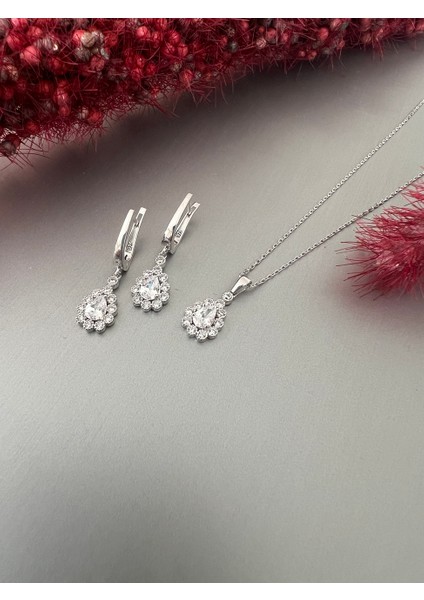 Zirkon Taşlı Gümüş Damla Kolye Küpe Seti indirimleri