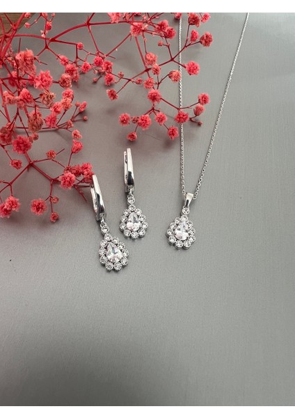 Zirkon Taşlı Gümüş Damla Kolye Küpe Seti
