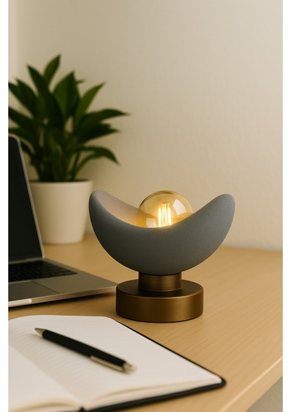 Luna Tasarım Masa Lambası Gri Bronz Detaylı Abajur Loş Amber Işık, Rustik Ampul Hediyeli 20 x 37 cm