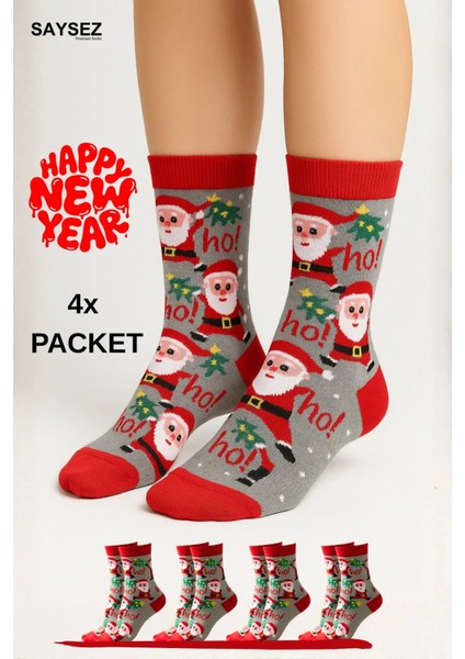 Unisex Yılbaşı Desenli 4'lü Paket Renkli Soket Çorap Christmas Happy New Year