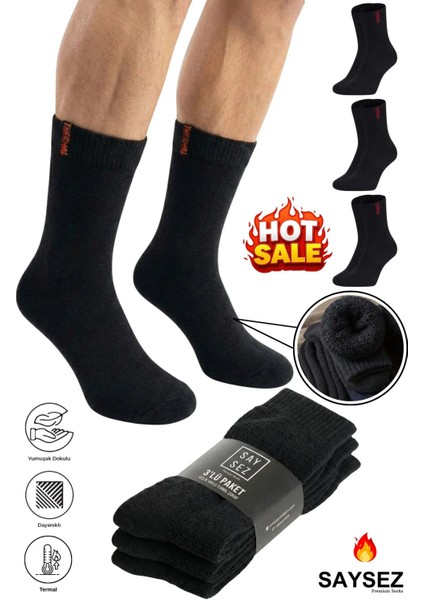3 Çift Termal Erkek Kışlık Soket Havlu Kalın Çorap Dikişsiz Siyah Renk Premium Pamuk