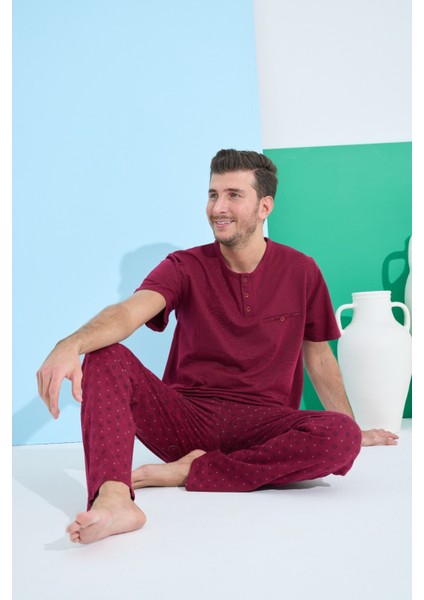 Erkek V Yaka Kısa Kol Pijama Takımı--Bordo--