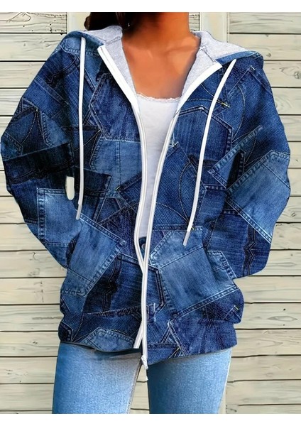 Mdb Kadın Uzun Kollu Kapşonlu Fermuarlı Kot Desenli Bağcıklı Modal Ceket