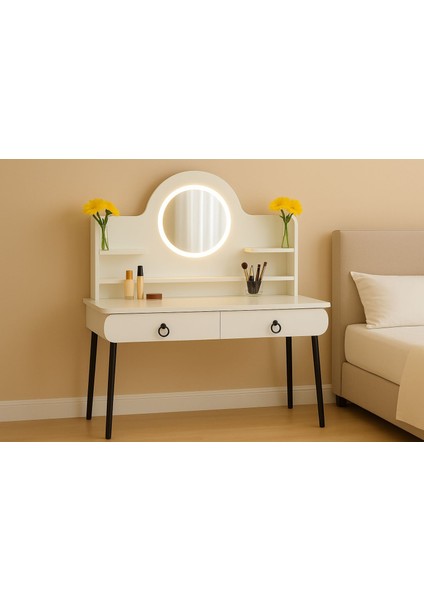 Vella Oval LED Ayna Işıklı Makyaj Masası – Metal Ayaklı, Çekmeceli, Raflı