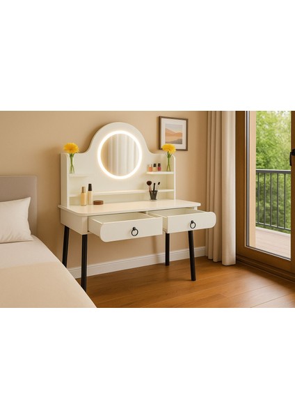 Vella Oval LED Ayna Işıklı Makyaj Masası – Metal Ayaklı, Çekmeceli, Raflı fiyatları