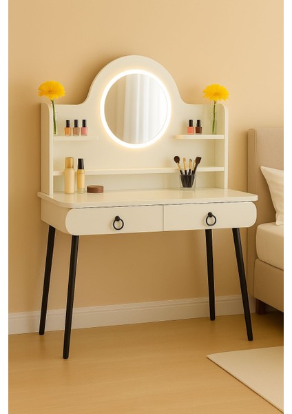Vella Oval LED Ayna Işıklı Makyaj Masası – Metal Ayaklı, Çekmeceli, Raflı modelleri