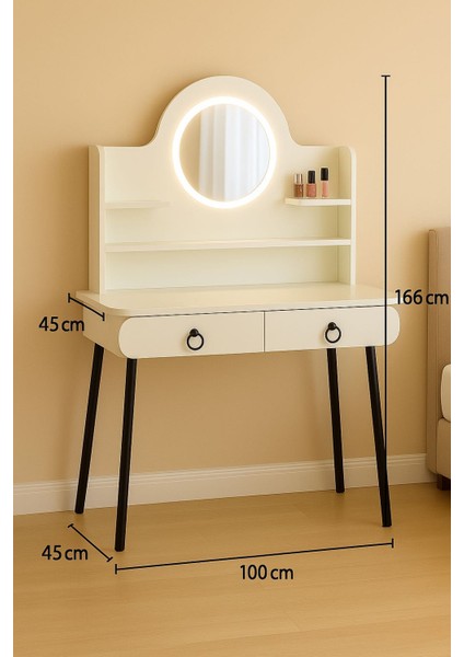 Vella Oval LED Ayna Işıklı Makyaj Masası – Metal Ayaklı, Çekmeceli, Raflı fırsatları