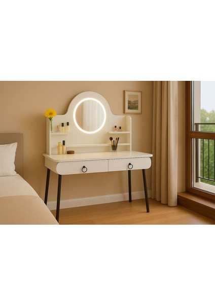 Vella Oval LED Ayna Işıklı Makyaj Masası – Metal Ayaklı, Çekmeceli, Raflı indirimleri