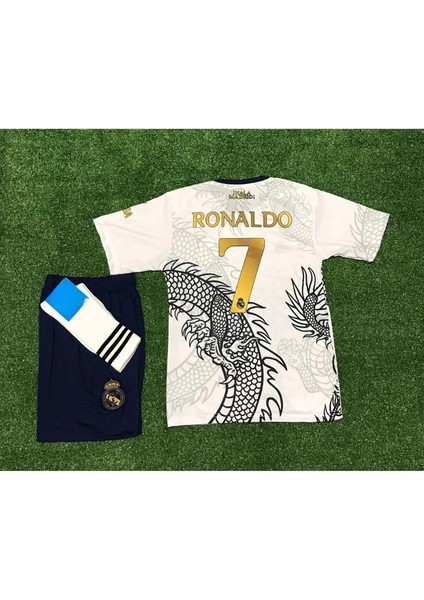 Cristiano Ronaldo Özel Dragon Tasarımlı R,e,a,l, M,a,d,r,i,d, Çocuk Forması 4'lü Set