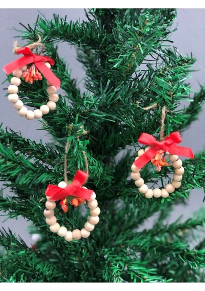 3 Adet Kırmızı Kurdeleli Ahşap Boncuklu Dekoratif Ağaç Süsü, Yeşil