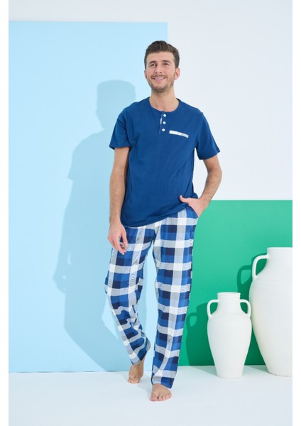 9801 Kısa Kol Erkek Mavi Pijama Takımı--Ekoseli Mavi--