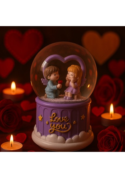 Mega Boy Sevgili Figürlü Işıklı Renkli 3D Cam Kar Küresi Müzikli Kar Efektli Püskürtmeli Hediyelik