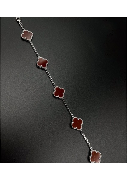 Çelik Bileklik Dört Yapraklı Büyük Yonca Bordo Sedef Taşlı Uzunluk 18 cm Gümüş