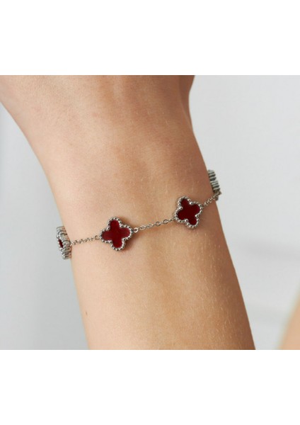 Çelik Bileklik Dört Yapraklı Büyük Yonca Bordo Sedef Taşlı Uzunluk 18 cm Gümüş fiyatları