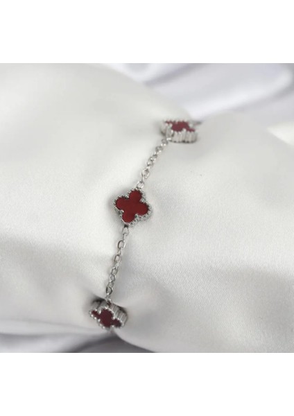 Çelik Bileklik Dört Yapraklı Büyük Yonca Bordo Sedef Taşlı Uzunluk 18 cm Gümüş modelleri