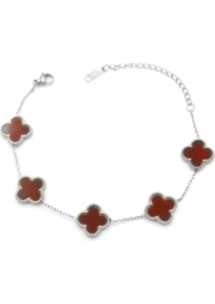 Çelik Bileklik Dört Yapraklı Büyük Yonca Bordo Sedef Taşlı Uzunluk 18 cm Gümüş fırsatları