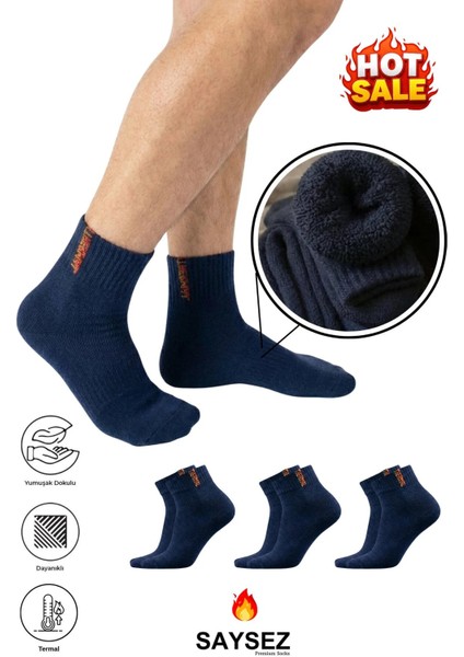 3 Çift Termal Erkek Kışlık Patik Yarım Konç Havlu Kalın Çorap Dikişsiz Lacivert Renk Premium Pamuk