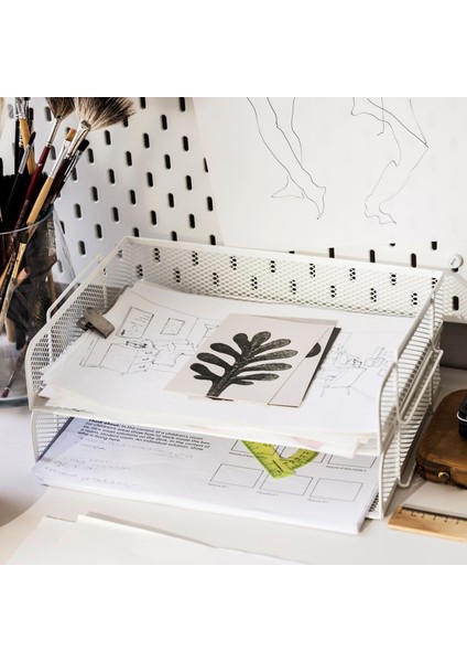 Metal Masaüstü Düzenleyici Dosyalık 2 Katlı Beyaz Evrak Rafı 34X24X14 cm