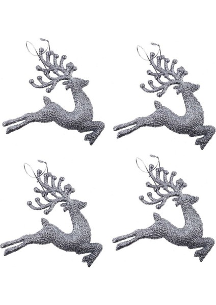 Gümüş Renk Yılbaşı Süsü Seti, Çam Ağacı ve Geyik Figürleri, 14 Cm, 4 Adet