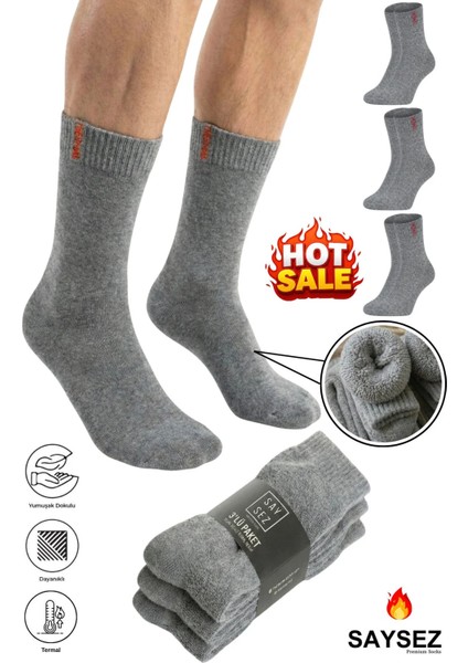 3 Çift Termal Erkek Kışlık Soket Havlu Kalın Çorap Dikişsiz Gri Renk Premium Pamuk