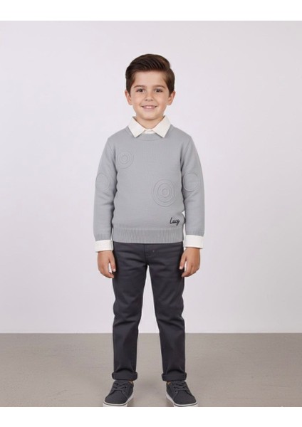 Erkek Çocuk Modern Gömlekli Gri Triko Kazaklı Kanvas Pantolon 3’lü Kombin