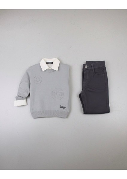 Erkek Çocuk Modern Gömlekli Gri Triko Kazaklı Kanvas Pantolon 3’lü Kombin fiyatları