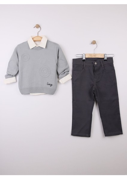 Erkek Çocuk Modern Gömlekli Gri Triko Kazaklı Kanvas Pantolon 3’lü Kombin modelleri