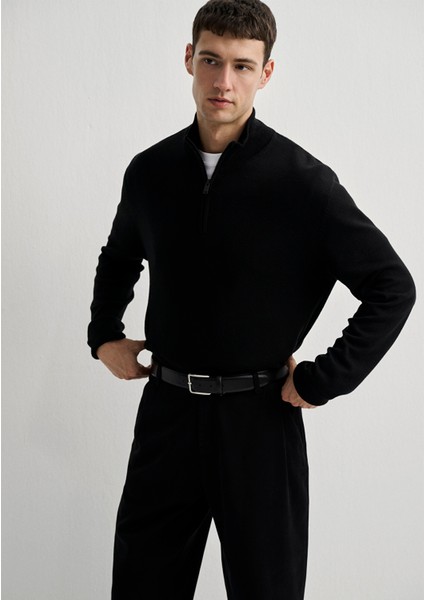 Kaşmir Karışımlı Yarı Fermuarlı Siyah Kazak 0710247-900