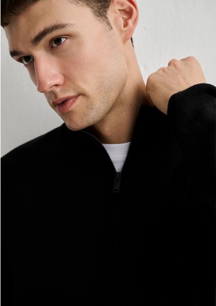 Kaşmir Karışımlı Yarı Fermuarlı Siyah Kazak 0710247-900