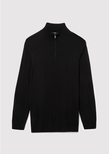 Kaşmir Karışımlı Yarı Fermuarlı Siyah Kazak 0710247-900