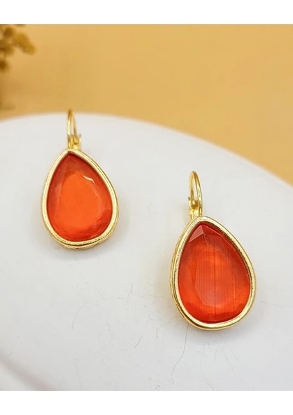 Turuncu Kedi Gözü Sıvama Altın Kaplama Iri Damla Küpe fiyatları