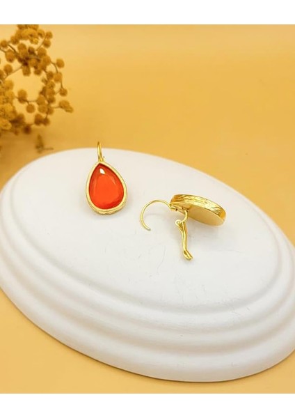 Turuncu Kedi Gözü Sıvama Altın Kaplama Iri Damla Küpe modelleri