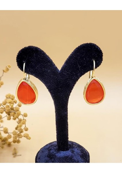 Turuncu Kedi Gözü Sıvama Altın Kaplama Iri Damla Küpe fırsatları