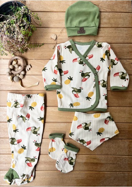 Organik Renkli Papağanlı Unisex 5'li Hastane Çıkışı