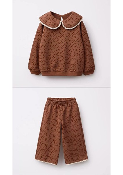 Kız Çocuk Pamuklu Kahverengi Desenli Sweatshirt ve Eşofman Takımı – Dantel Yaka Detaylı modelleri