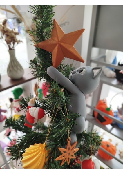 Gri 3D Kedi Yıldız Yılbaşı Ağacı Süsü, Sevimli ve Şık Dekorasyon Seçeneği