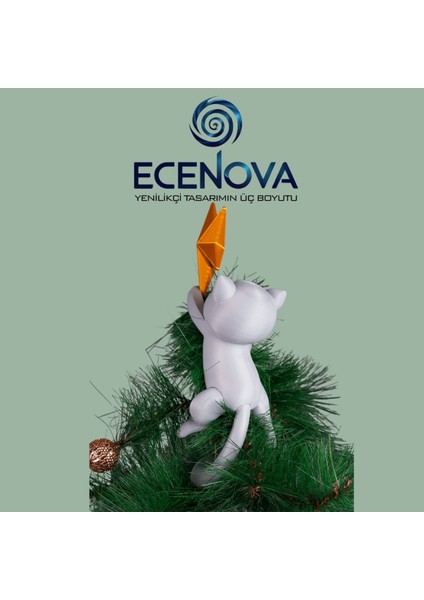 Gri 3D Kedi Yıldız Yılbaşı Ağacı Süsü, Sevimli ve Şık Dekorasyon Seçeneği