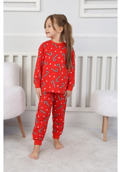 Baston Şeker Desenli Çocuk Kırmızı Pijama Takımı