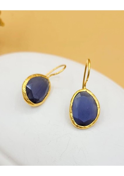 Eflatun Kedi Gözü Sıvama Altın Kaplama Oval Küpe