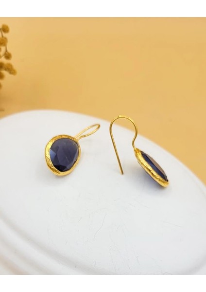 Eflatun Kedi Gözü Sıvama Altın Kaplama Oval Küpe modelleri