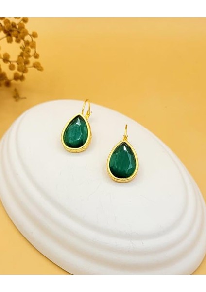 Zümrüt Yeşil Kedi Gözü Sıvama Altın Kaplama Iri Damla Küpe