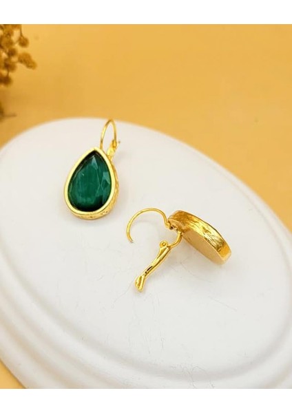 Zümrüt Yeşil Kedi Gözü Sıvama Altın Kaplama Iri Damla Küpe modelleri
