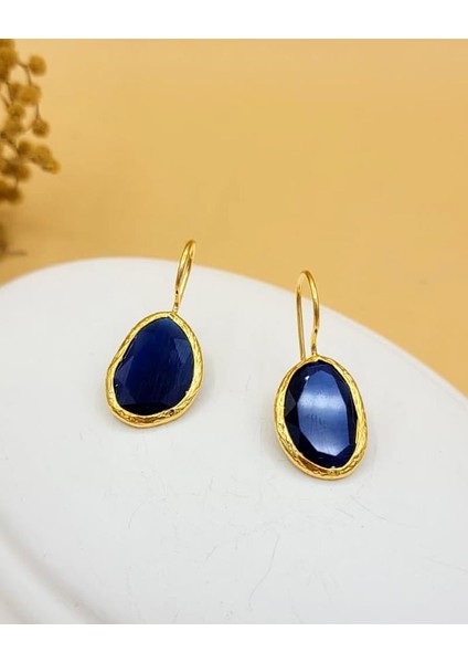 Lacivert Kedi Gözü Sıvama Altın Kaplama Oval Küpe