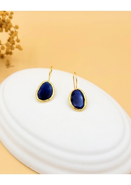 Lacivert Kedi Gözü Sıvama Altın Kaplama Oval Küpe fiyatları